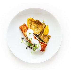 Seared Salmon with Yogurt-Dill Sauce - Event Catering Set